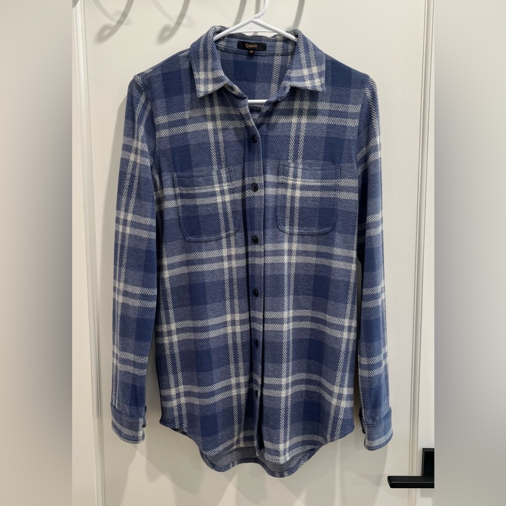 NWOT quince stretch sweater fleece button up shirt in blue indigo check XS